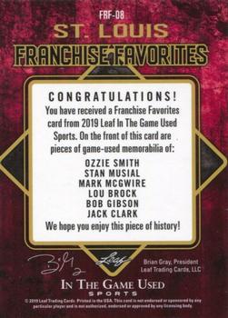 2019 Leaf In the Game Used - Franchise Favorites 6 Relics Silver #FRF-08 Ozzie Smith / Stan Musial / Mark McGwire / Lou Brock / Bob Gibson / Jack Clark Back