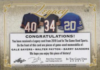 2019 Leaf In the Game Used - Legacy Triple Relics Purple #L-11 Gale Sayers / Walter Payton / Barry Sanders Back