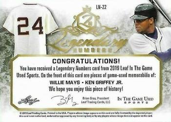 2019 Leaf In the Game Used - Legendary Numbers Dual Relics Magenta #LN-22 Willie Mays / Ken Griffey Jr. Back