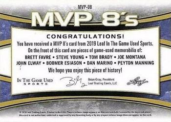 2019 Leaf In the Game Used - MVP 8's Relics Platinum Blue #MVP-08 Brett Favre / Steve Young / Tom Brady / Joe Montana / John Elway / Boomer Esiason / Dan Marino / Peyton Manning Back