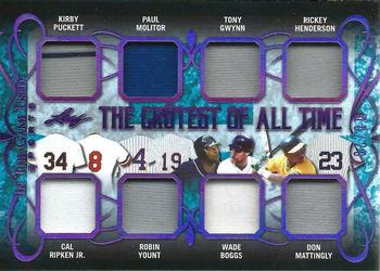 2019 Leaf In the Game Used - The Gr8est of All-Time 8 Relics Purple #TGT-10 Kirby Puckett / Cal Ripken Jr. / Paul Molitor / Robin Yount / Tony Gwynn / Wade Boggs / Rickey Henderson / Don Mattingly Front