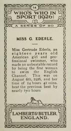 1926 Lambert & Butler Who’s Who in Sport #14 Miss G. Ederle Back