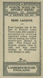 1926 Lambert & Butler Who’s Who in Sport #42 Rene Lacoste Back