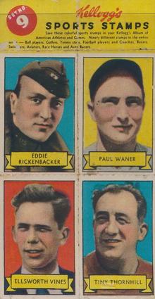 1937 Kellogg's Pep Sports Stamps - Unseparated Panels #9 Eddie Rickenbacker / Paul Waner / Ellsworth Vines / Tiny Thornhill Front