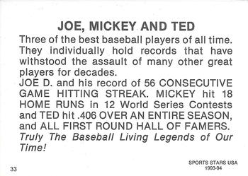 1993-94 Sports Stars USA NNO (unlicensed) #NNO Joe DiMaggio / Mickey Mantle / Ted Williams Back