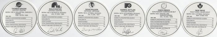 1984-85 Kellogg's Accordion Discs - Unseparated Discs #NNO Thomas Gradin / Dale Hunter / Doug Wilson / Darryl Sittler / Glenn Resch / Rick Vaive Back