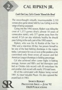 1992 D&B Publications The Sports Report - The Investor's Journal: The Sports Report Gold #2 Cal Ripken Jr. Back