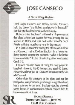 1992 D&B Publications The Sports Report - The Investor's Journal: The Sports Report Gold #5 Jose Canseco Back