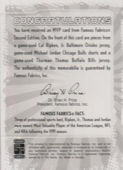 2010 Famous Fabrics Second Edition - MVP #NNO Cal Ripken, Jr / Thurman Thomas / Michael Jordan Back