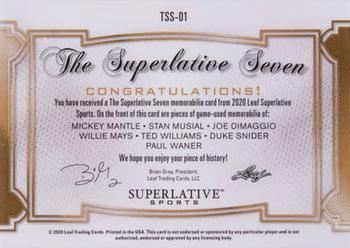 2020 Leaf Superlative Sports - The Superlative 7 Relics Silver #TSS-01 Mickey Mantle / Stan Musial / Joe DiMaggio / Willie Mays / Ted Williams / Duke Snider / Paul Waner Back