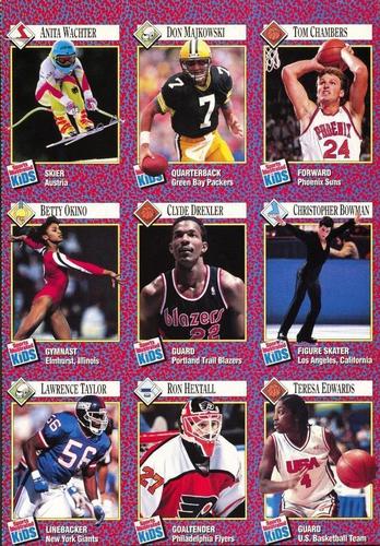 1991 Sports Illustrated for Kids - Original 9-Card Sheets #217-225 Tom Chambers / Don Majkowski / Anita Wachter / Christopher Bowman / Clyde Drexler / Betty Okino / Teresa Edwards / Ron Hextall / Lawrence Taylor Front