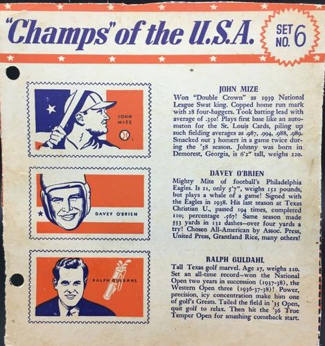 1940 Wheaties Champs of the USA #6 Johnny Mize / Davey O'Brien / Ralph Guldahl Front