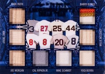 2020 Leaf In The Game Used Sports - A Midsummer Night’s Dream Team Relics Navy Blue Foil #MNDT-12 Babe Ruth / Mike Trout / Barry Bonds / Willie McCovey / Joe Morgan / Cal Ripken Jr. / Mike Schmidt / Yogi Berra Front