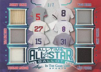 2020 Leaf In The Game Used Sports - All-Time All-Star Ballot Relics Platinum Blue Spectrum Foil #ATAS-05 Johnny Bench / Carlton Fisk / Thurman Munson / Yogi Berra / Gary Carter / Mike Piazza Front