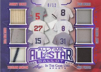 2020 Leaf In The Game Used Sports - All-Time All-Star Ballot Relics Purple Spectrum Foil #ATAS-05 Johnny Bench / Carlton Fisk / Thurman Munson / Yogi Berra / Gary Carter / Mike Piazza Front