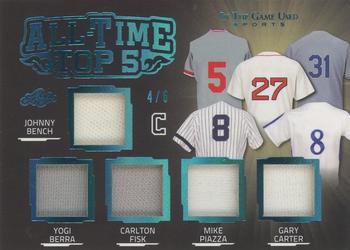2020 Leaf In The Game Used Sports - All-Time Top 5 Relics Platinum Blue Spectrum Foil #ATT5-04 Johnny Bench / Yogi Berra / Carlton Fisk / Mike Piazza / Gary Carter Front