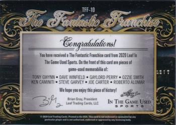 2020 Leaf In The Game Used Sports - The Fantastic Franchise Relics Silver Spectrum Foil #TFF-10 Tony Gwynn / Dave Winfield / Gaylord Perry / Ozzie Smith / Ken Caminiti / Steve Garvey / Joe Carter / Roberto Alomar Back