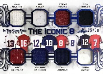 2020 Leaf In The Game Used Sports - The Iconic 8 Relics Navy Blue Foil #TI8-03 Dan Marino / Joe Montana / Jim Kelly / Peyton Manning / Steve Young / Troy Aikman / Tom Brady / John Elway Front
