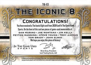 2020 Leaf In The Game Used Sports - The Iconic 8 Relics Red Spectrum Foil #TI8-03 Dan Marino / Joe Montana / Jim Kelly / Peyton Manning / Steve Young / Troy Aikman / Tom Brady / John Elway Back
