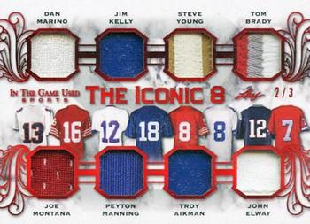 2020 Leaf In The Game Used Sports - The Iconic 8 Relics Red Spectrum Foil #TI8-03 Dan Marino / Joe Montana / Jim Kelly / Peyton Manning / Steve Young / Troy Aikman / Tom Brady / John Elway Front