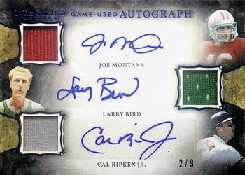 2020 Leaf In The Game Used Sports - In The Game Used Triple Autographs Navy Blue Foil #GUTA-04 Joe Montana / Larry Bird / Cal Ripken Jr. Front