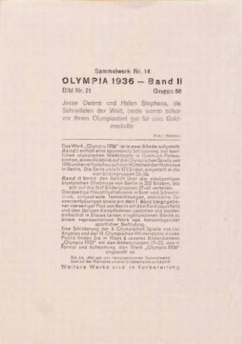 1936 Reemtsma Cigarettes Olympia Band II #21 Jesse Owens / Helen Stephens Back