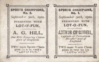 1922 Amalgamated Press Lot-O-Fun Sports Champions - Uncut pairs #1 / 2 Arthur Grimsdell / Albert Hill Back