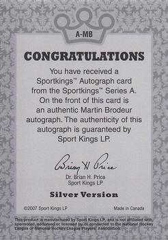 2007 Sportkings Series A - Autograph Silver #A-MB Martin Brodeur Back