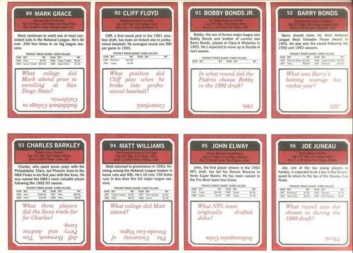 1993 SCD Sports Card Pocket Price Guide - Full Sheets #89-96 Mark Grace / Cliff Floyd / Bobby Bonds Jr. / Barry Bonds / Charles Barkley / Matt Williams / John Elway / Joe Juneau Back