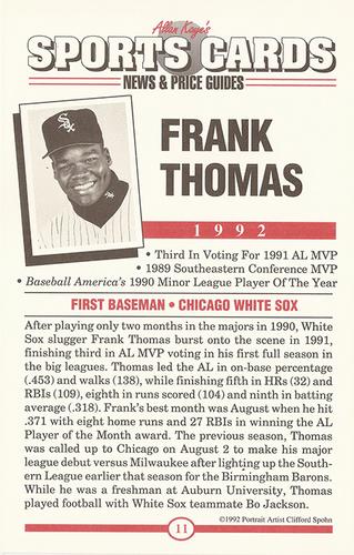 1991 Allan Kaye's Sports Cards News Magazine - Postcards 1991-92 (Portraits) #11 Frank Thomas Back