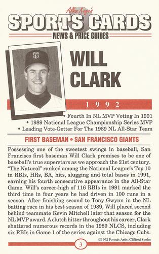 1991 Allan Kaye's Sports Cards News Magazine - Postcards 1992 (Portraits) #3 Will Clark Back