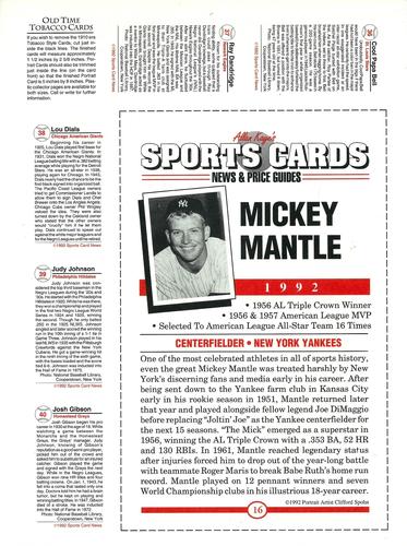 1991 Allan Kaye's Sports Cards News Magazine - Panels Postcards and Tobacco-Sized 1991-92 #36-40/16 Cool Papa Bell / Ray Dandridge / Lou Dials / Judy Johnson / Josh Gibson / Mickey Mantle Back