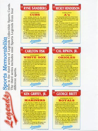 1990 Legends Sports Memorabilia - Panels #19-24 Ryne Sandberg / Rickey Henderson / Carlton Fisk / Cal Ripken, Jr. / Ken Griffey Jr. / George Brett Back