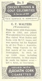 1935 Ardath Cork Cricket, Tennis & Golf Celebrities #3 Cyril Walters Back