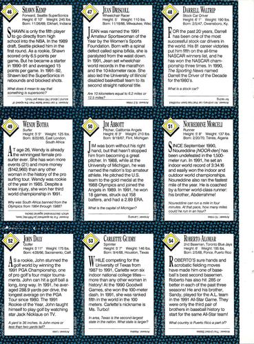 1992 Sports Illustrated for Kids - Original 9-Card Sheets #46-54 Shawn Kemp / Jean Driscoll / Darrell Waltrip / Wendy Botha / Jim Abbott / Noureddine Morceli / John Daly / Carlette Guidry / Roberto Alomar Back