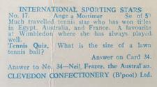1960 Clevedon Confectionery International Sporting Stars #17 Angela Mortimer Back