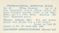 1960 Clevedon Confectionery International Sporting Stars #22 Wilma Rudolph Back