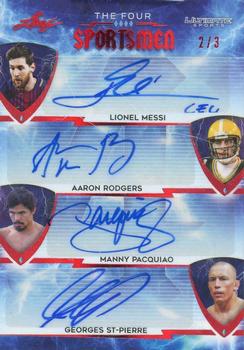2021 Leaf Ultimate Sports - The Four Sportsman Autographs Red Spectrum Holofoil #FS-05 Lionel Messi / Aaron Rodgers / Manny Pacquiao / Georges St-Pierre Front