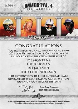 2021 Leaf Ultimate Sports - The Immortal 4 Signatures Bronze Spectrum Holofoil #I4S-04 Joe Montana / Hulk Hogan / Bo Jackson / Rickey Henderson Back
