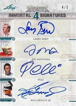 2021 Leaf Ultimate Sports - The Immortal 4 Signatures Platinum Spectrum Holofoil #I4S-01 Larry Bird / Joe Montana / Pelé / Ken Griffey Jr. Front