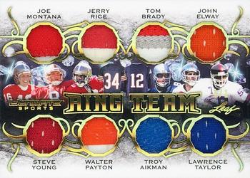 2021 Leaf Ultimate Sports - Ultimate Ring Team Relics Gold Spectrum Holofoil #RL-01 Joe Montana / Steve Young / Jerry Rice / Walter Payton / Tom Brady / Troy Aikman / John Elway / Lawrence Taylor Front
