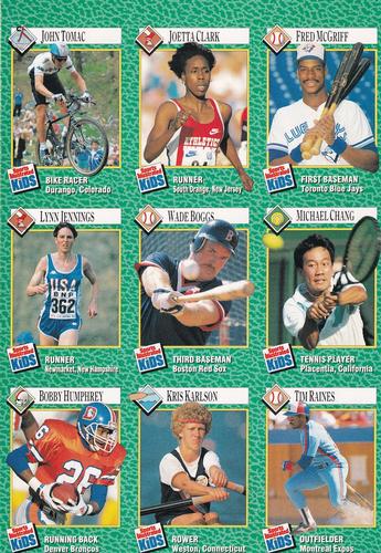 1990 Sports Illustrated for Kids - Original 9-Card Sheets #172-180 Fred McGriff / Joetta Clark / John Tomac / Michael Chang / Wade Boggs / Lynn Jennings / Tim Raines / Kris Karlson / Bobby Humphrey Front