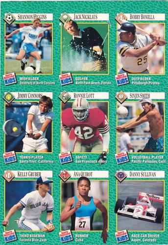 1990 Sports Illustrated for Kids - Original 9-Card Sheets #181-189 Bobby Bonilla / Jack Nicklaus / Shannon Higgins / Sinjin Smith / Ronnie Lott / Jimmy Connors / Danny Sullivan / Ana Quirot / Kelly Gruber Front
