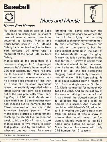 1977-80 Sportscaster Series 7 (UK) #07-16 Roger Maris / Mickey Mantle Back