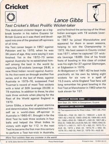 1977-80 Sportscaster Series 83 (UK) #83-22 Lance Gibbs Back