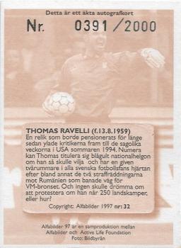 1997 Alfabilder Autographs #32 Thomas Ravelli Back