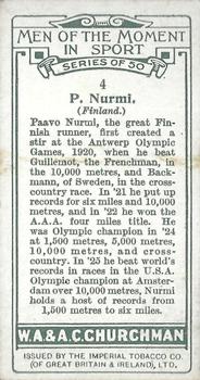 1928 Churchman's Men of the Moment In Sport #4 Paavo Nurmi Back