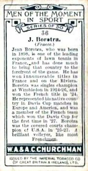 1928 Churchman's Men of the Moment In Sport #36 Jean Borotra Back
