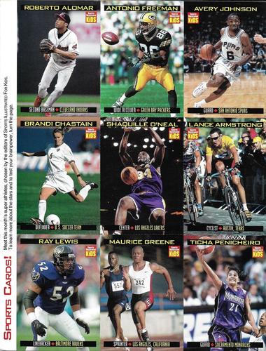 1999 Sports Illustrated for Kids - Original 9-Card Sheets #847-855 Avery Johnson / Antonio Freeman / Roberto Alomar / Lance Armstrong / Shaquille O’Neal / Brandi Chastain / Ticha Penicheiro / Maurice Green / Ray Lewis Front