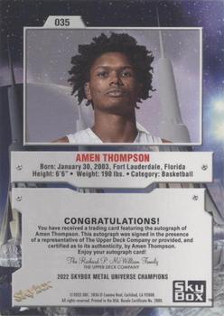2022 SkyBox Metal Universe Champions - Base Autographs #35 Amen Thompson Back